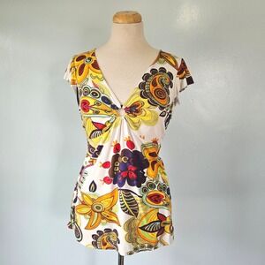 Vtg 2000s Y2K Boston Proper Floral Paisley Psychedelic O-Ring V-Neck Top M